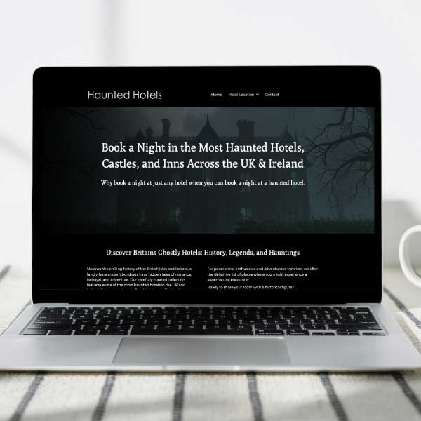 Haunted Hotels website, laptop
